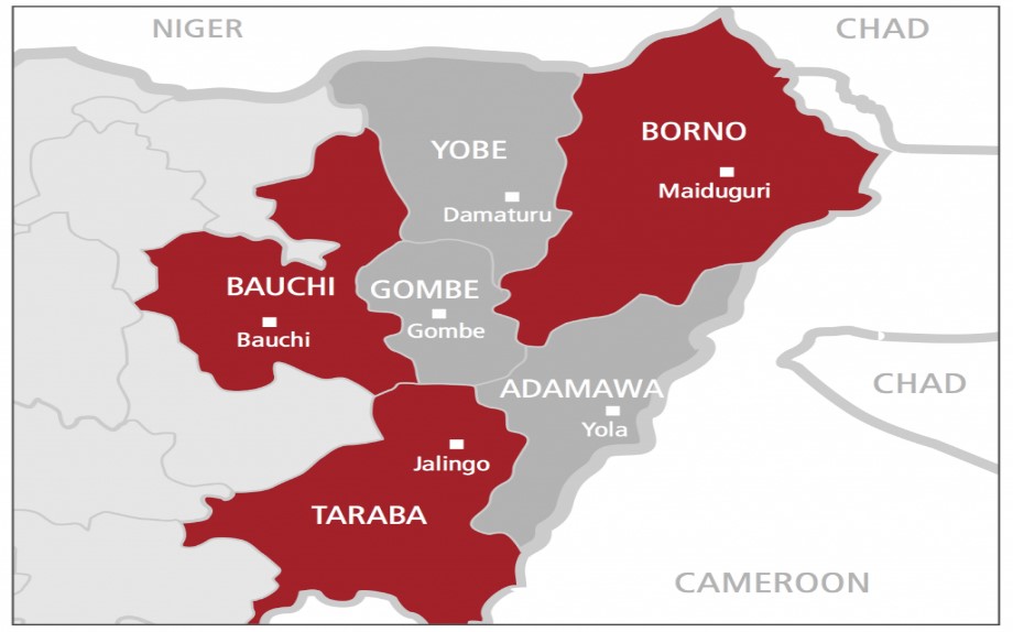 Map of North-eastern Nigeria showing the three states – Adamawa, Borno and Yobe
