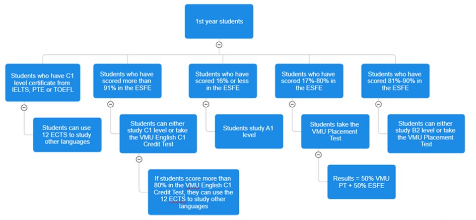 Scheme of how first-year students are placed into English language levels