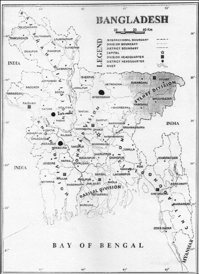 Map of Bangladesh showing the experimental sites (• Black marked)